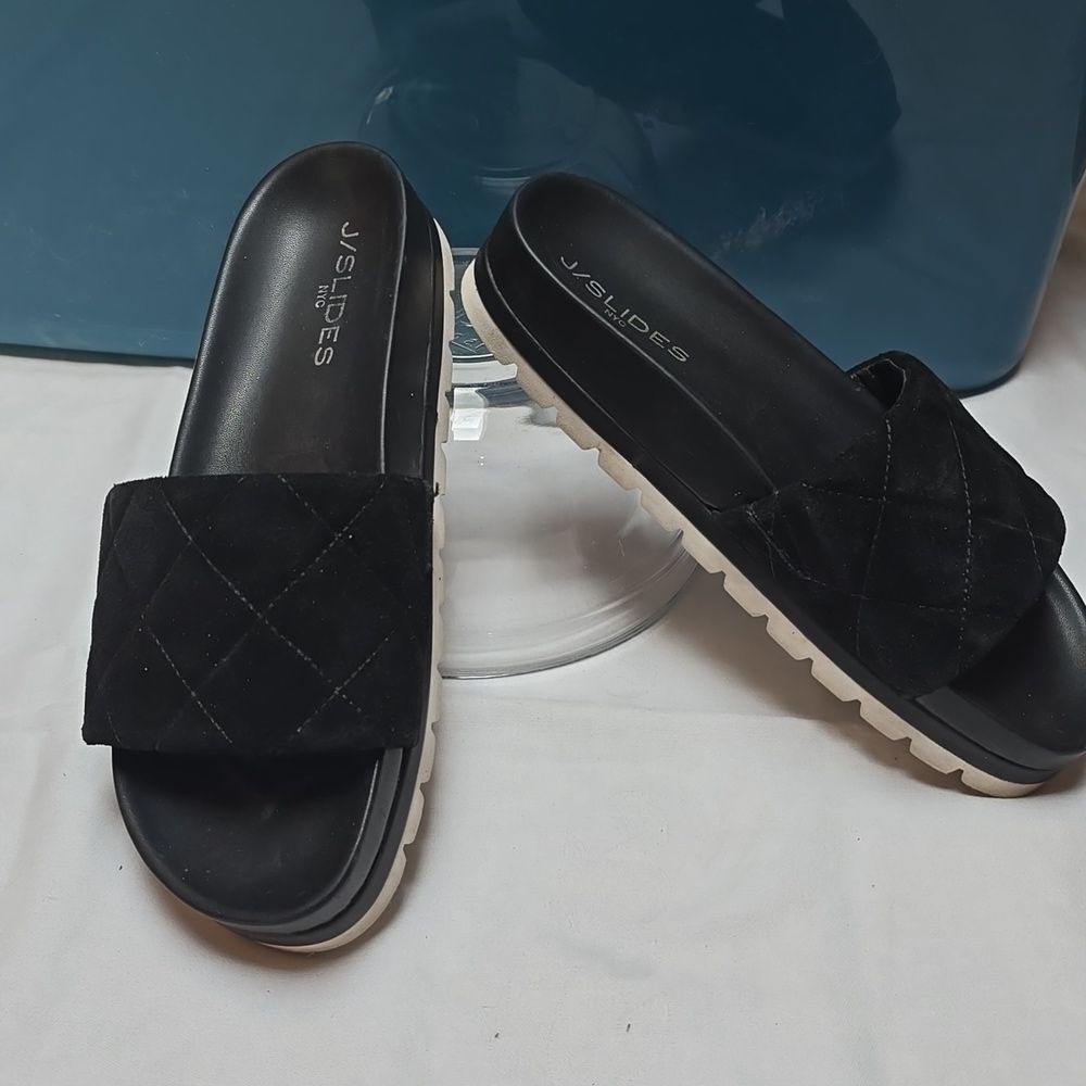 J/SLIDES QUILTED ONE BAND JSLIDE BLACK SLIDE LEATHER SANDAL 7.5 M